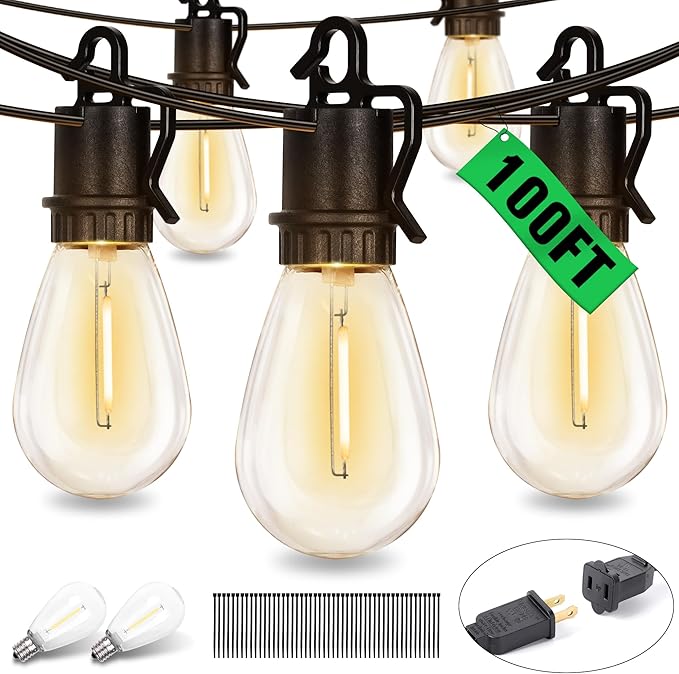 100FT Outdoor String Lights with 52 Shatterproof S14 Vintage Edison Bulbs E12 Sockets,2700K Dimmable Outdoor Lights,IP55 Waterproof LED String Lights for Outside, Patio, Garden, Backyard,Bistro