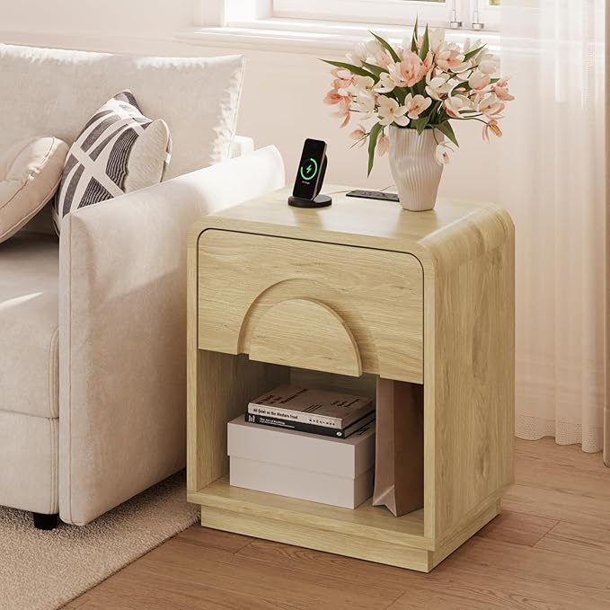 Bestier Night Stand Set of 2, Nightstands with Charging Station, Mid Century Modern Bedside Table with Drawer Storage, Arch Style Design, Curved Profile, Side End Tables for Bedroom