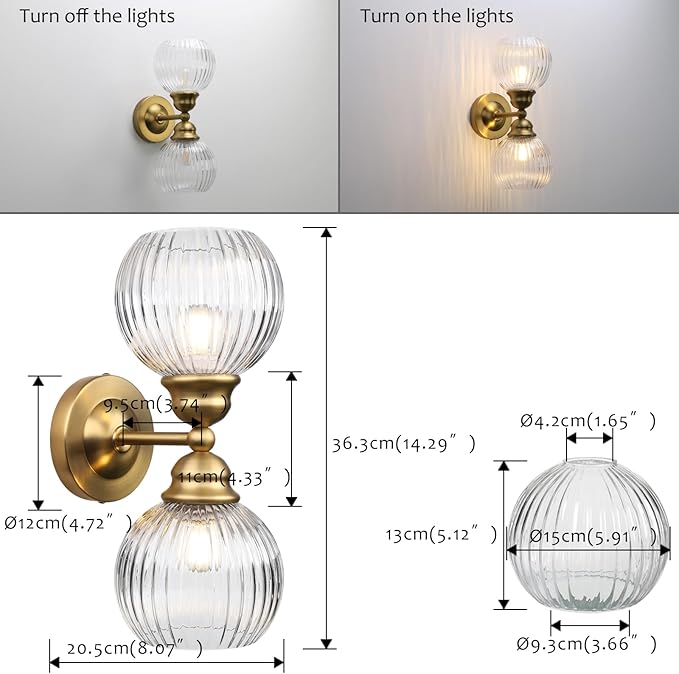 Pathson 2 Heads Wall Sconce Striped Glass Shade, 2-Light Modern Bathroom Sconces Wall Vanity Light Fixtures Brass Finish, Vintage Wall Sconce Lamp for Mirror Living Room Bedroom Farmhouse Lighting