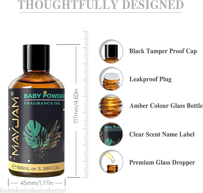 MAYJAM 100ML/3.38FL.OZ Baby Powder Fragrance Oils with Glass Dropper, Essential Oils for Diffusers for Home, Long Lasting Scented Oils for Diffusers Soap Candle Making
