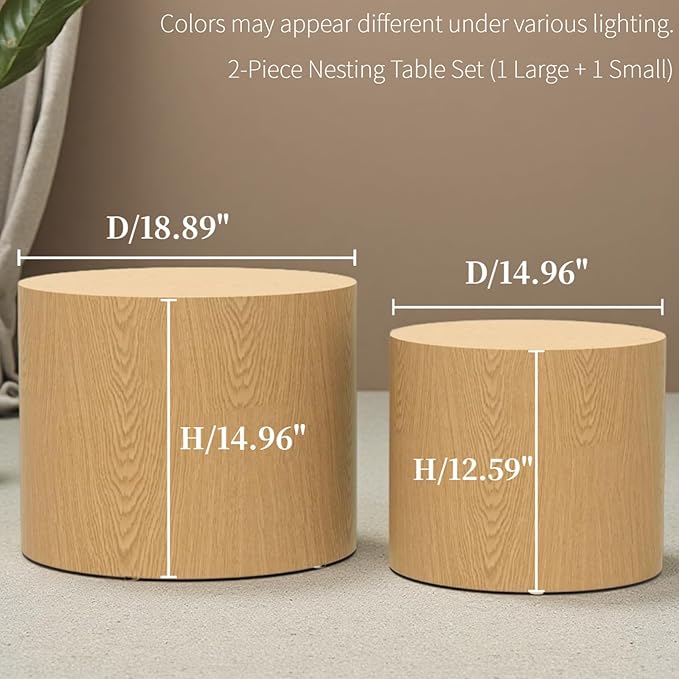 2-Piece Round Nesting Coffee Table, Circle End Table Wood Accent Table, Minimalist Side Table Set for Small Spaces, Living Room, Apartment(Oak)