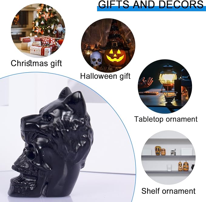 2.17 Inch Crystal Skull with Wolf Head Figurine Decor, Black Obsidian Skull with Wolf Head Statue Decor for Home Office Desk, Hand Carved Healing Crystal Animal Statues Gifts for Women Men
