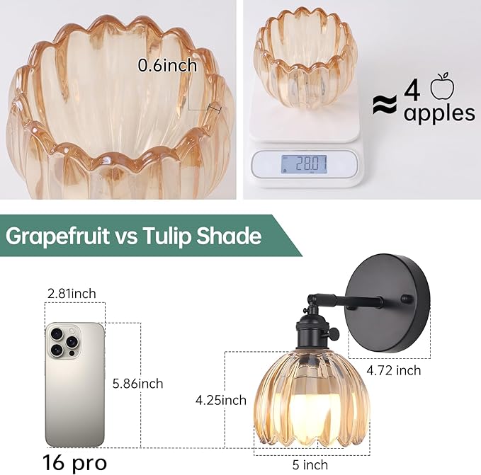 Vintage Battery Operated Wall Sconce with Cute Amber Tulip Glass Lampshade Wireless Rechargeable Battery Powered Black Wall Light with Remote Control for Bedside Bedroom Doorway