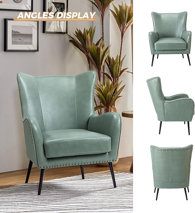 HULALA Home Faux Leather Accent Chair Set of 2 w/Removable Cushion, Comfy Upholstered Armchair with Metal Legs & Nailhead Trim Wingback Vanity Chair Desk Chair for Reading Living Room Bedroom, SAGE
