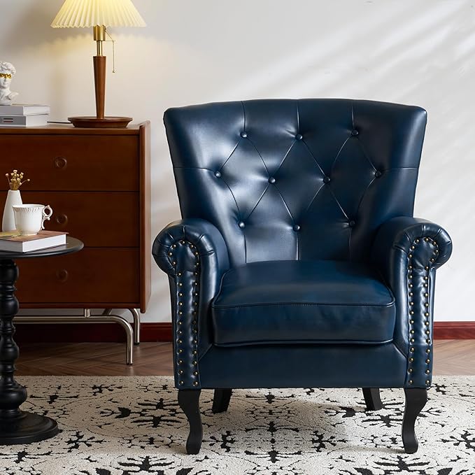 Modern Faux Leather Accent Chair, Upholstered Mid-Century Armchair with Solid Wood Legs, Single Sofa Chair for Living Room, Bedroom, or Reading Room(Navy)