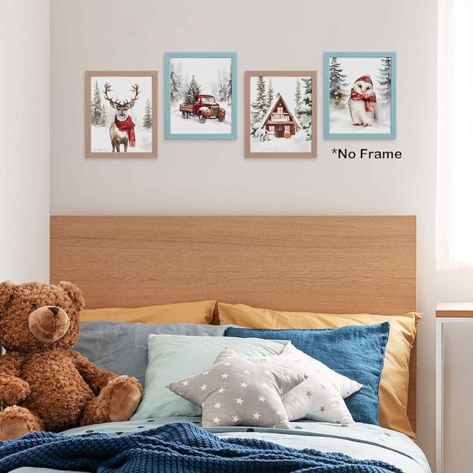 TLESKE Winter Christmas Snowy Woodland Animals Posters Prints Unframed Set of 4, Deer Reindeer Moose Owl with Red Scarf Wall Art Prints Decor for Nursery Bedroom, Christmas Pine Trees Wall Pictures, 8x10 Inches