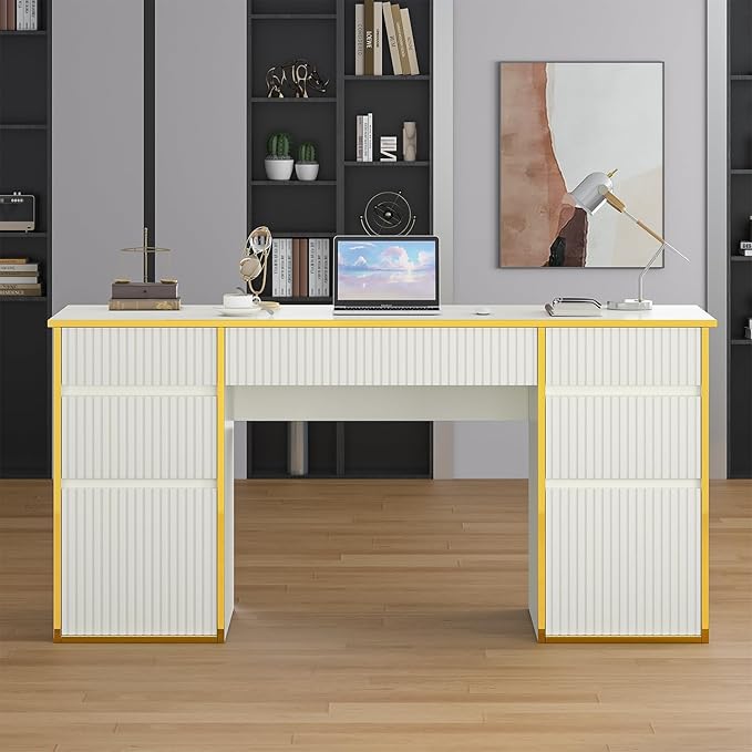 58 Inch White Desk with Drawers, Home Office Desk with 7 Drawers, Fluted Computer Desk with File Drawers for Study, White and Gold Executive Desk for Living Room, Bedroom