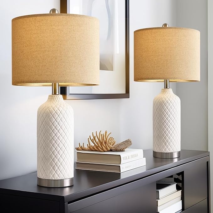 24.25" Modern White Ceramic Table Lamps Set of 2, Boho Farmhouse Bedside Lamps with White Linen Shades, Perfect for Living Room, Bedroom Nightstands, and End Tables