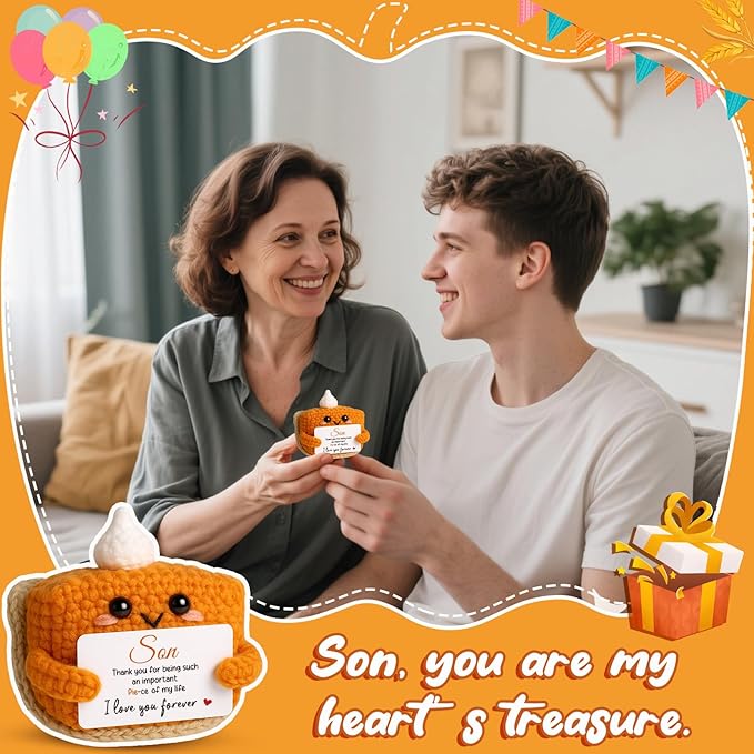 Thank You Gifts for Son from Mom Dad, Mini Crochet Pumpkin Pie Plush Birthday Gifts for Son Adult, Halloween Thanksgiving Christmas Stockings Stuffer Emotional Small Cute Decorations