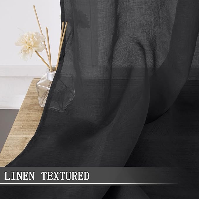 Tollpiz Sheer Curtains Bedroom Linen Textured Curtain Sheers Light Filtering Voile Rod Pocket Curtains for Living Room, 38 x 84 inches Long, Black, Set of 2 Panels
