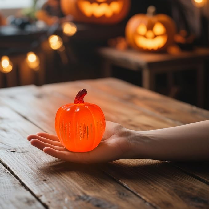 Starry Night Pumpkin, Twinkle Light Resin Pumpkins, One-Button Switch Control, Built-in LED Light, Indoor Glowing Night Light, Halloween Decor for Home (Orange)