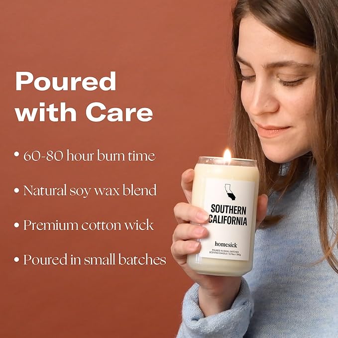 Homesick Scented Candles for Home (Southern California) - 13.75 oz Long-Lasting Soy Wax Jar Candle for Women & Men for All Occasions, 60-80 Hours Burn Time - Notes of Orange, Lemon & Rose