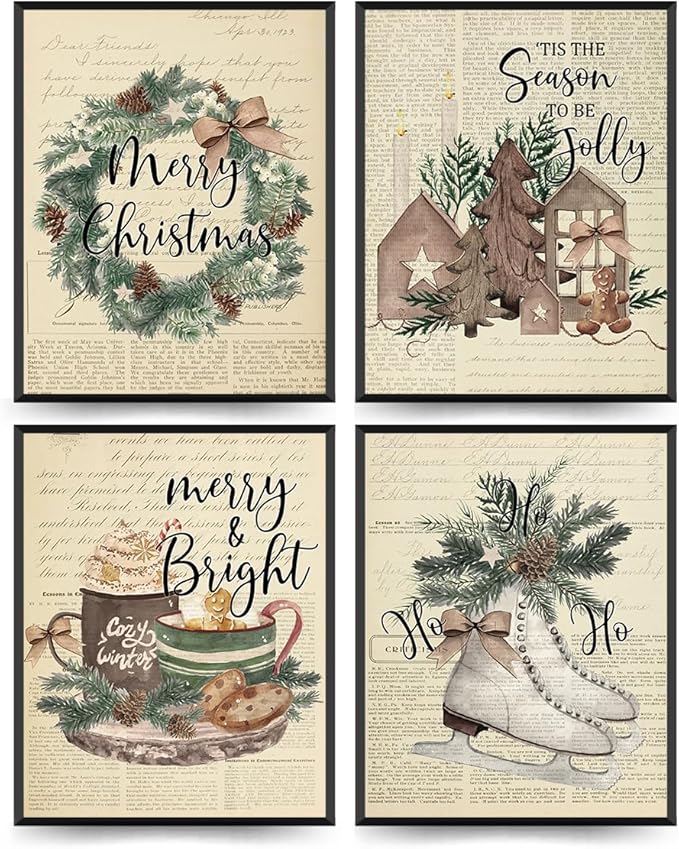 ETVISO Vintage Christmas Wall Art Prints Set of 4, Retro Merry Christmas Garland Poster, Winter Holidays Gift Print Decor, 8x10 (Unframed)