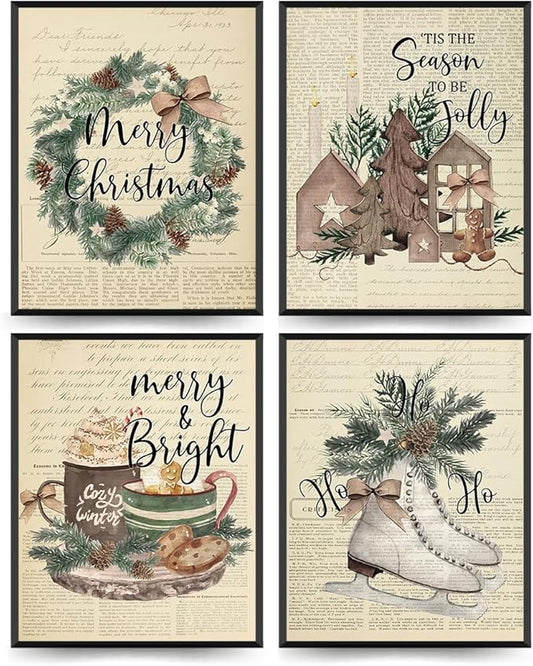 ETVISO Vintage Christmas Wall Art Prints Set of 4, Retro Merry Christmas Garland Poster, Winter Holidays Gift Print Decor, 8x10 (Unframed)