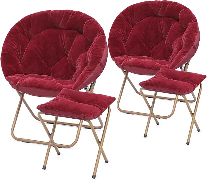 Athena Collection Saucer Chair with Ottoman - Modern Red Faux Fur Foldable Accent Chair - Comfortable for Bedroom, Living Room, Gaming, Reading - 300 lbs Weight Capacity