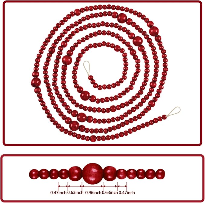 12 Feet Christmas Wooden Beads Garland Round Craft Farmhouse Vintage Wood Bead Garlands for Xmas Decoration Supplies(Dark Red)