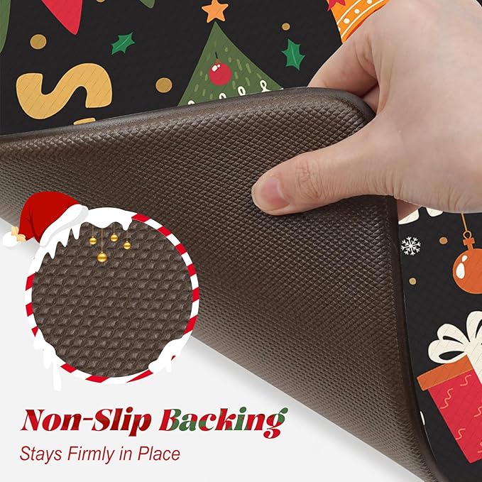 Collive Merry Christmas Kitchen Mats for Floor, Cushioned Anti Fatigue Kitchen Rug Set, 2 Piece Non-Skid Waterproof Kitchens Sink Rugs, Comfort Winter Xmas Tree Mat for Laundry Office Desk