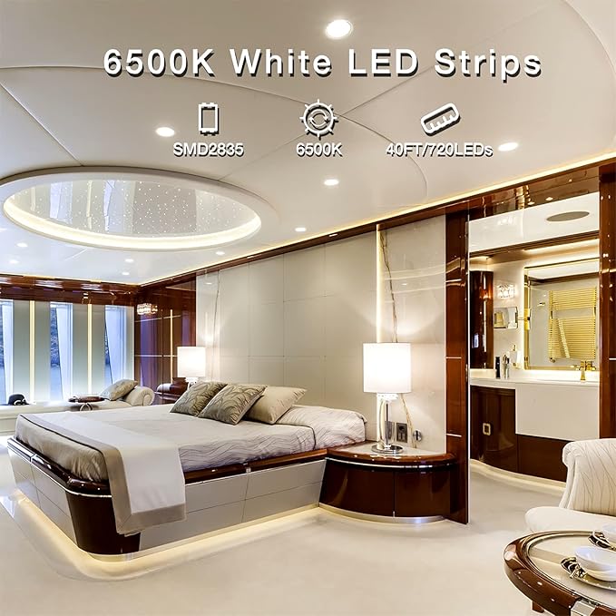 DAYBETTER White LED Strip Light, 40 ft Dimmable Bright Rope Lighting, 6500K 24V Strips, 720 LEDs 2835 Tape Lights for Bedroom, Kitchen, Mirror, Home Decoration(2 Rolls of 20 ft)