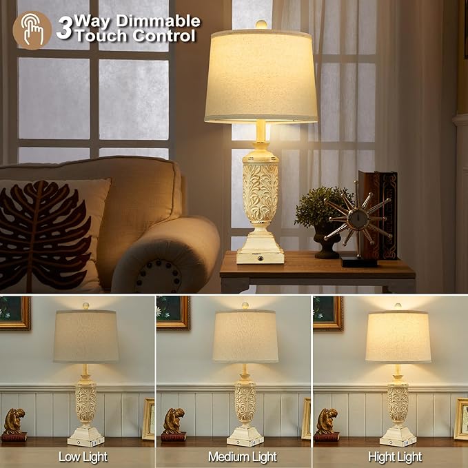 26.5" Farmhouse Table Lamp Set of 2, 3-Way Dimmable Touch Control Bedside Lamps Vintage Rustic Side Table Nightstand Lamps for Bedroom Living Room Study Room