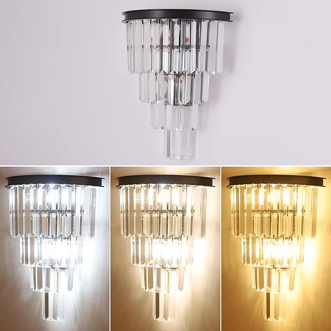 Black Crystal Wall Sconce, Modern 4-Tiers K9 Clear Crystal Wall Light Bedside Wall Mount Lamp for Living Room Bedroom Mirror Dining Room Hallway Foyer Lighting Fixture