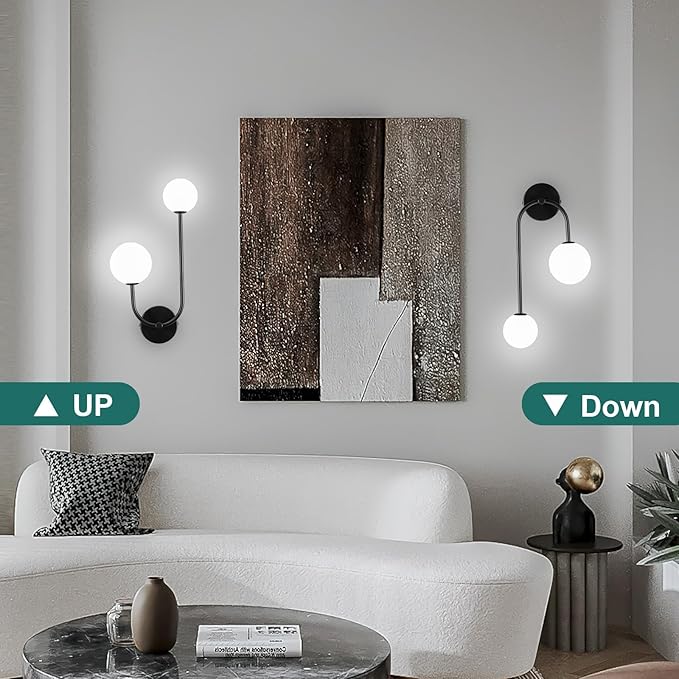 Milk Glass Wall Sconce Black Wall Sconces Mid Century Modern Sconces Wall Lighting 2 Light Globe Sconce for Bedroom Living Room Hallway Wall Light Fixtures
