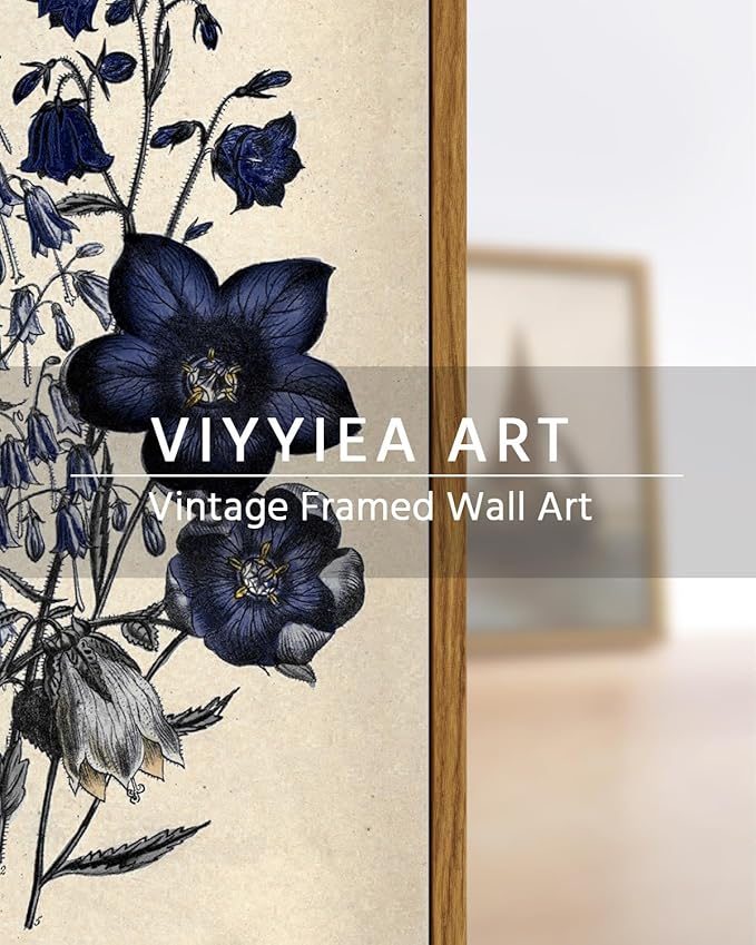 VIYYIEA Vintage Framed Botanical Wall Art Decor, Living Room Bedroom Blue Campanula Pictures Retro Wall Decor, Framed Canvas Prints Artwork, Farmhouse Flower Paintings,12x16 Inch