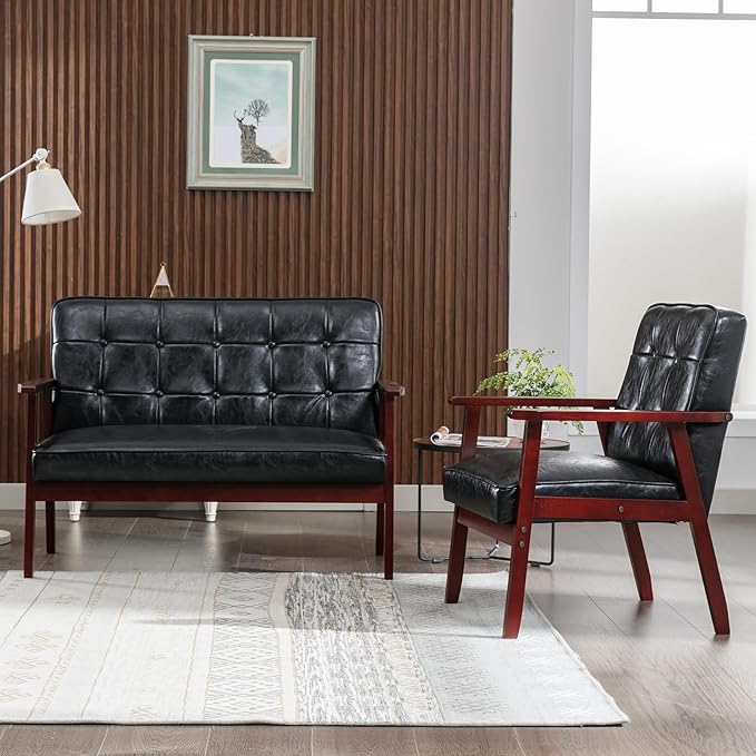 Okeysen Modern Loveseat Sofa Set (Black) - Ergonomic Leather, Mid-Century Design, 2-Seat & Accent Chair, Small Spaces Furniture, Living Room, Apartment, Office