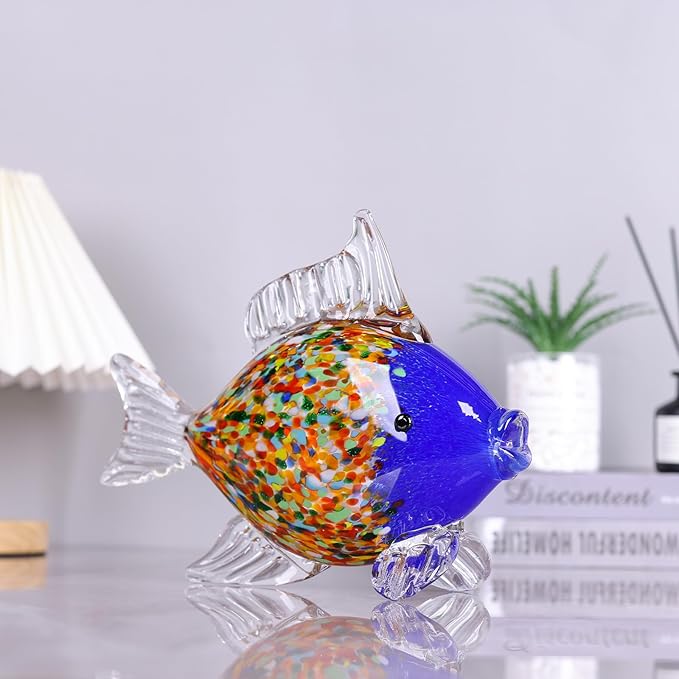 9.4 in Blown Colored Glass Fish Statue, Blue Glass Fish Paperweight Sculpture for Modern Home Decor, Living Room Coffee Table, Office Desk, Dining Table Centerpiece, and Window Display (G)