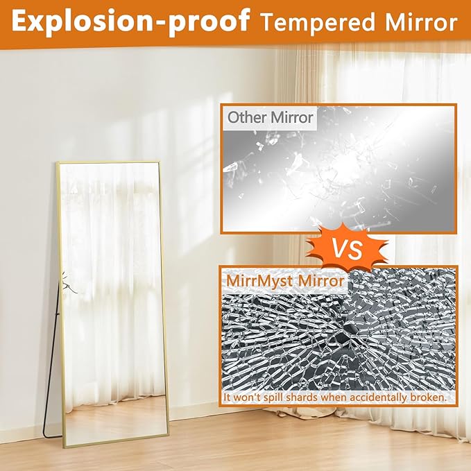 56"x18" Gold Full Length Mirror, Free Standing Mirror Full Length Made of Tempered Glass, Gold Floor Mirror for Bedroom Living Room Gym Dorm