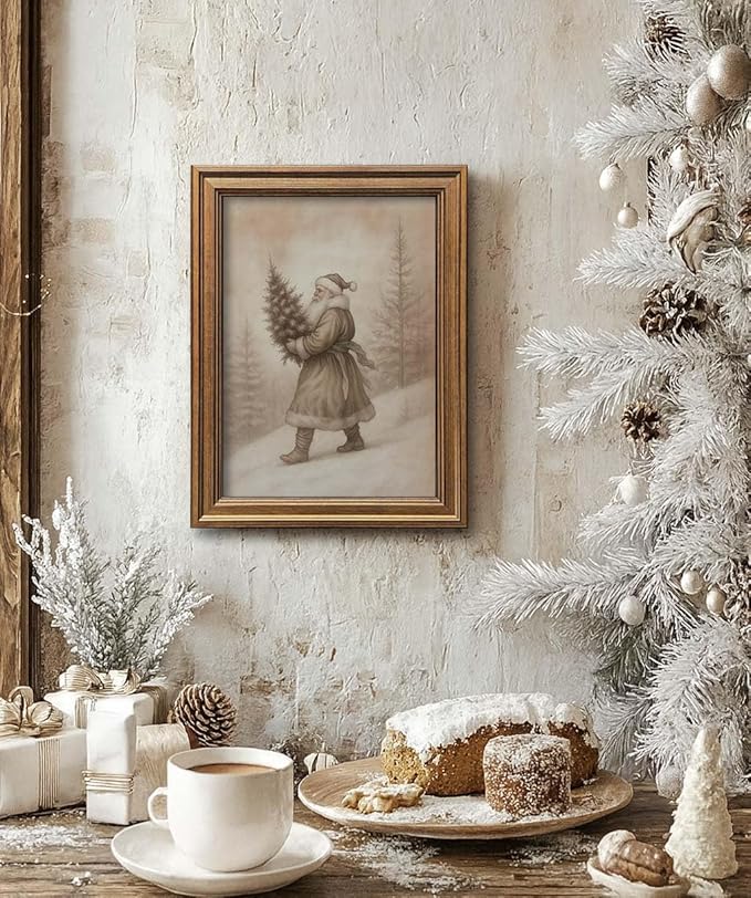 Vintage Christmas Decor Farmhouse Wall Art Gold Framed Rustic Winter Landscape Santa Pictures Painting for Home Living Room Decor (Santa, 20L" x 16W")