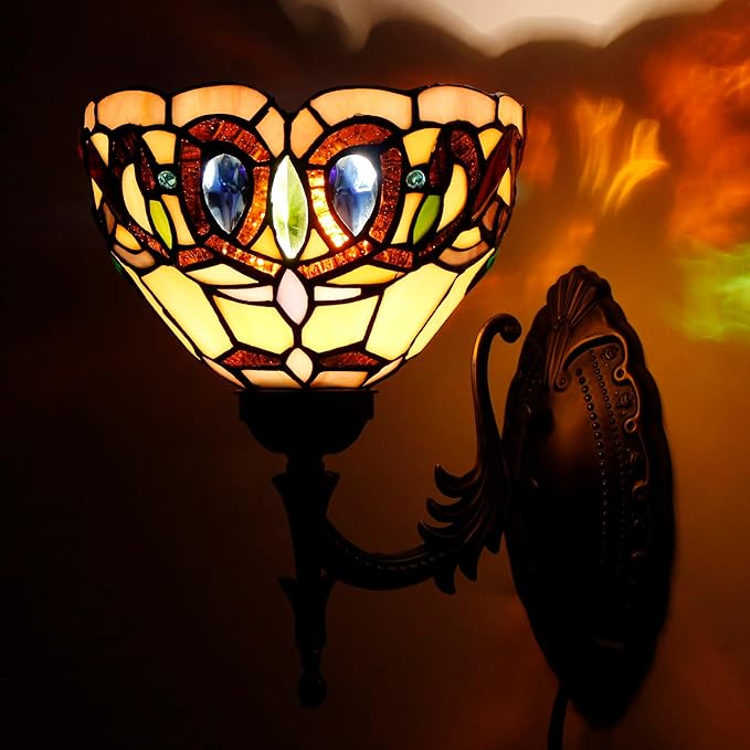 Tiffany Wall Sconce Lamp Blue Stained Glass Flower Style 8X10.5X11 Inch Plug in Wall Bedside Light for Hallway Bedroom (Serenity Victorian Style)