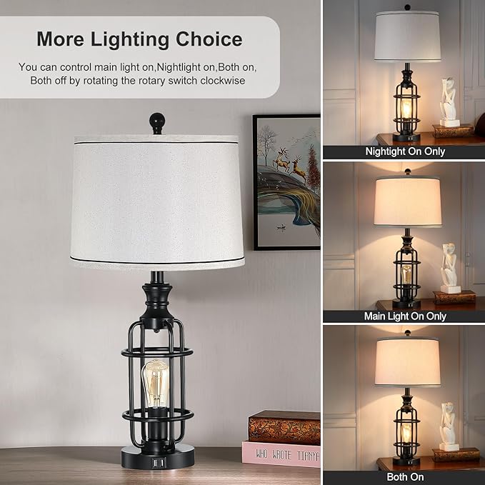 26.3”Table Lamps Set of 2 with USB Charging Ports,Farmhouse Bedside Nightstand Lamp with Rotary Switch,Rustic Reading Lamps Industrial Desk Lamps for Bedroom Living Room,Bulbs Included