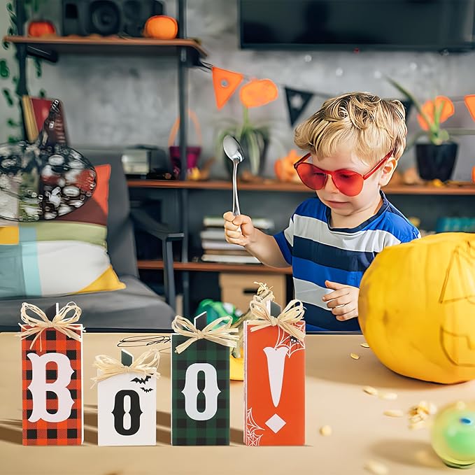 Super Holiday Halloween Decorations, 4PCS Wooden Boo Sign Block Tabletop Decorations, for Home Farmhouse Indoor Party Fireplace Decor.