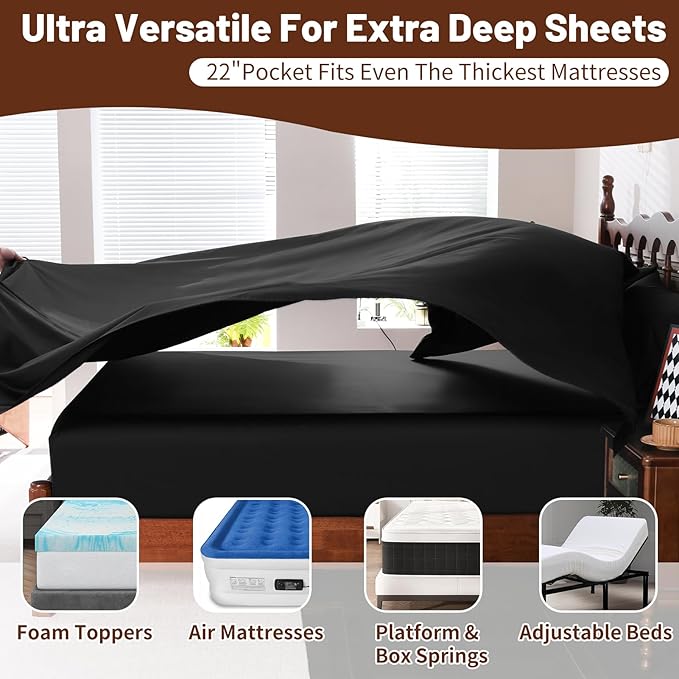 Extra Deep Pocket Queen Sheets 18-24 Inch 100% Egyptian Cotton 1000 Thread Count Sateen Weave Soft Breathable 4 Pieces(Queen,Black)