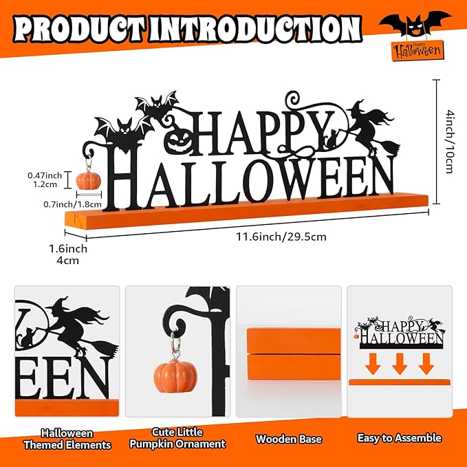Metal Holiday Table Sign Decor, Decorations Tabletop Centerpiece for Home, Office, Shelf, Tiered Tray, Mantel, Indoor, Merry Christmas, Happy Halloween