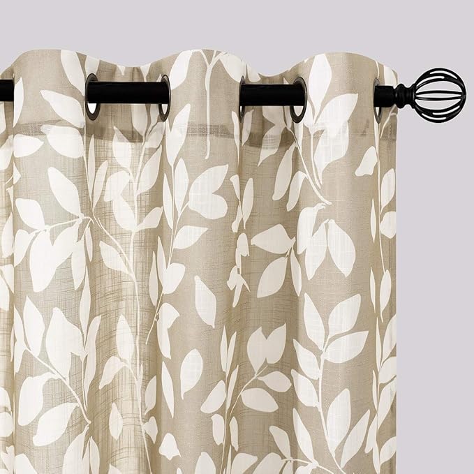 Taupe White Leaf Sheer Curtains for Living Room 84 inch Length Sliding Door Curtains Khaki Print Glass Door Window Draperies Extra Wide Light Filtering Linen Textured Sheer Curtain Panels 100” w 1pcs