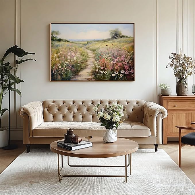 KISSFOX Vintage Wild flower Path Landscape Canvas Wall Art Spring Farmhouse Nature Floral Framed Wall Art Rustic Cottagecore Botanical Painting Art Prints Artwork For Living Room Bedroom Kitchen