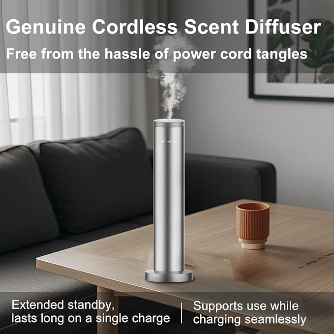 Wireless Hotel Scent Diffuser-Cordless Rechargeable Diffuser for Whole House- Scent Air Machine for Home -App Bluetooth Control -Waterless Essential Oil Diffuser for Large Room, Studio Office -Silver