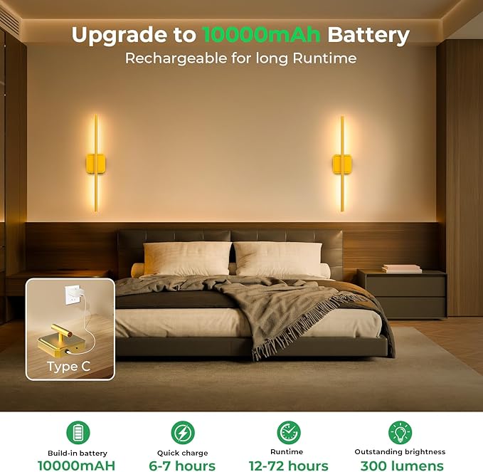 10000mAh Detachable Battery Operated Wall Sconce Set of 2, Wireless Wall Lamp 3000-6500K Dimmable, Rechargeable Wall Light for Bedroom, Living Room, 28.3" Gold