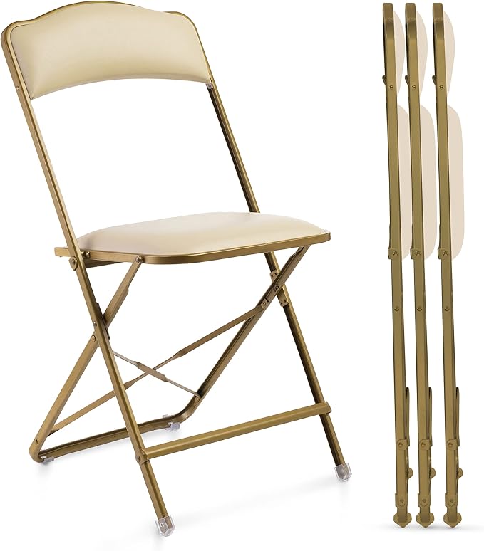 Folding Chairs with Padded Seats 4 Pack - Foldable Chair with Heavy-Duty Steel Frame, Elegant Bridge Chairs for Outside, Home, Office, Indoor & Outdoor Events - Gold/Almond