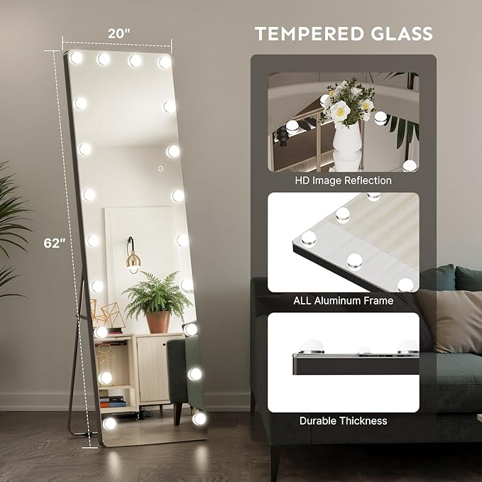 Kosmonia 62x20 Hollywood Full Length Mirror with Light, 20 Dimmable Bulbs & 3 Color Smart Touch Control, Distortion Free, Tempered Glass & Shatter Proof Film, Safe Full Body Mirrors with Stand