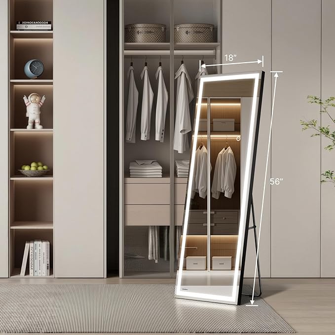 Kosmonia 56"x18" Full Length LED Mirror with Lights, Dimmable Standing/Wall Mirror for Bedroom, Full Body Lighted Floor Mirror, Tempered Glass