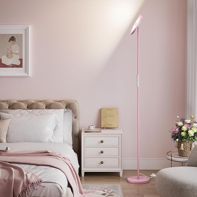 SUNMORY Soft Pink Torchiere Floor Lamp for Bedroom and Office – Elegant Standing Lamp with Modern Design, Perfect for Ambient Lighting in Living Spaces