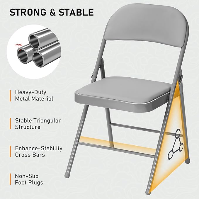SEALAMB 4 Pack Grey Folding Chairs with Padded Seats & Cushion, Durable Metal Foldable Chairs for Wedding Party, Commercial Chairs for Office School Church Events, 330lb Capacity (Grey-PU, 4 Pack)