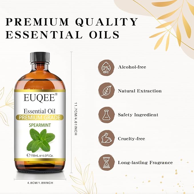 EUQEE Spearmint Essential Oil Premium Grade Spearmint Oil Essential Oil with Glass Dropper, Great for Humidifier, Candle Making, Diffusers (118mL/4oz)