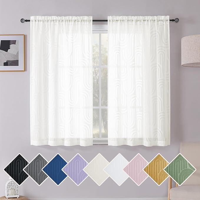Simplebrand Ivory Geometric Mid Century Jacquard Clip Textured Sheer Curtains, 42"W x 54"L (Pack of 2), Bedroom, Light Filtering, Rod Pocket, Polyester, Modern, Unlined