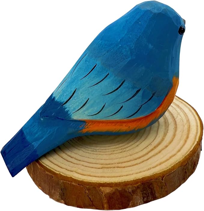 Wooden Bird Figurines Funny Desk Accessories Hand Carved Wood Decorative Small Birds Animal Miniature Statues Ornament for Home Room Decor (Blue)