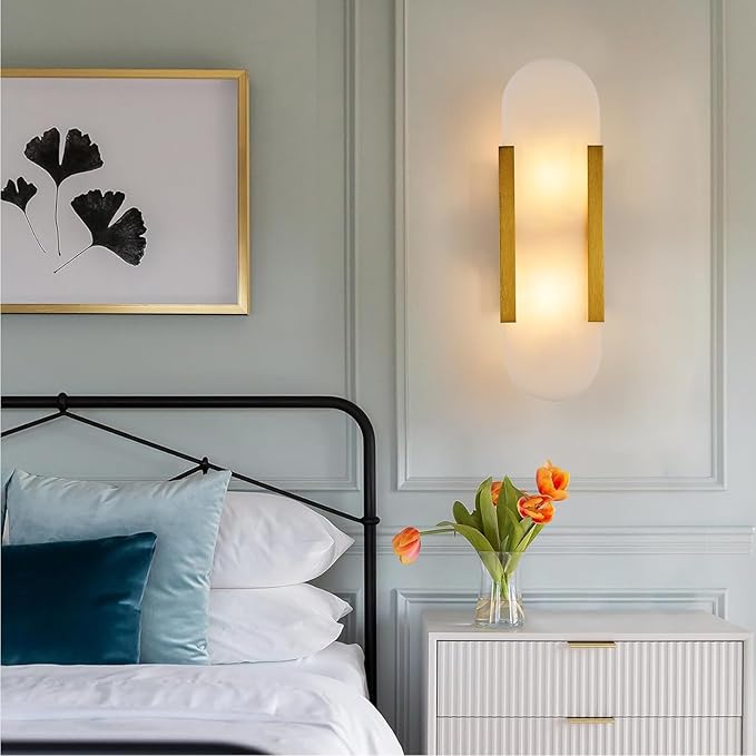 Fanyank-13.8in Alabaster Wall Sconce,Natural Marble Wall Lighting,Gold Wall Light Fixtures for Bedroom Stairs, Living Room, Vanity, Hallway Bedside(Bulb Included)