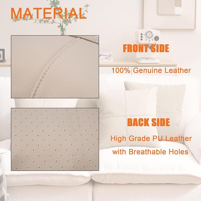 Kidol & Shellder Genuine Leather Throw Pillow Cover 18x18 Modern Solid Lumbar Pillow Covers-Luxury Pillowcases for Couch Sofa Bed-Soft Durable Decorative Cushion Case with Hidden Zipper(Barley Beige)