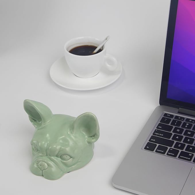 Green Dog Head Statue - Handmade Ceramic Bulldog Figurines for Home Office Decor, Healing Gifts for Dog Lovers (Green, 5.31"×4.72"×3.74")